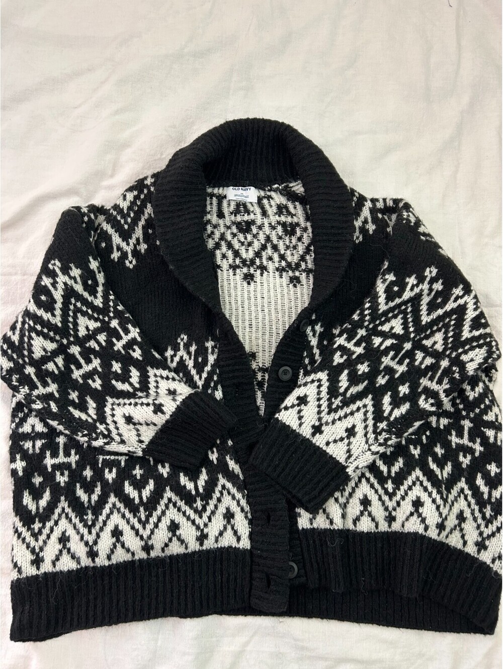 Old Navy Women's Fair Isle Shawl Collar Cardigan Sweater Black White Size XXL